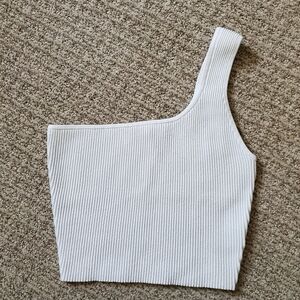 .. Quince Cropped One Shoulder Ribbed Knit Tank, White (S)